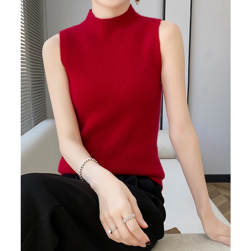 

100% pure Australian wool semi-high-necked sleeveless bottoming shirt women wear short-sleeved T-shirts in autumn and winter new