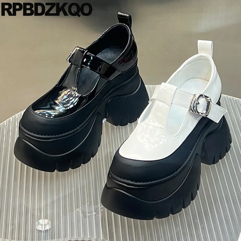 

Hidden Height Increasing T Strap Shoes Round Toe Chunky Pumps Waterproof Platform Patent Leather High Heels Super-high Women