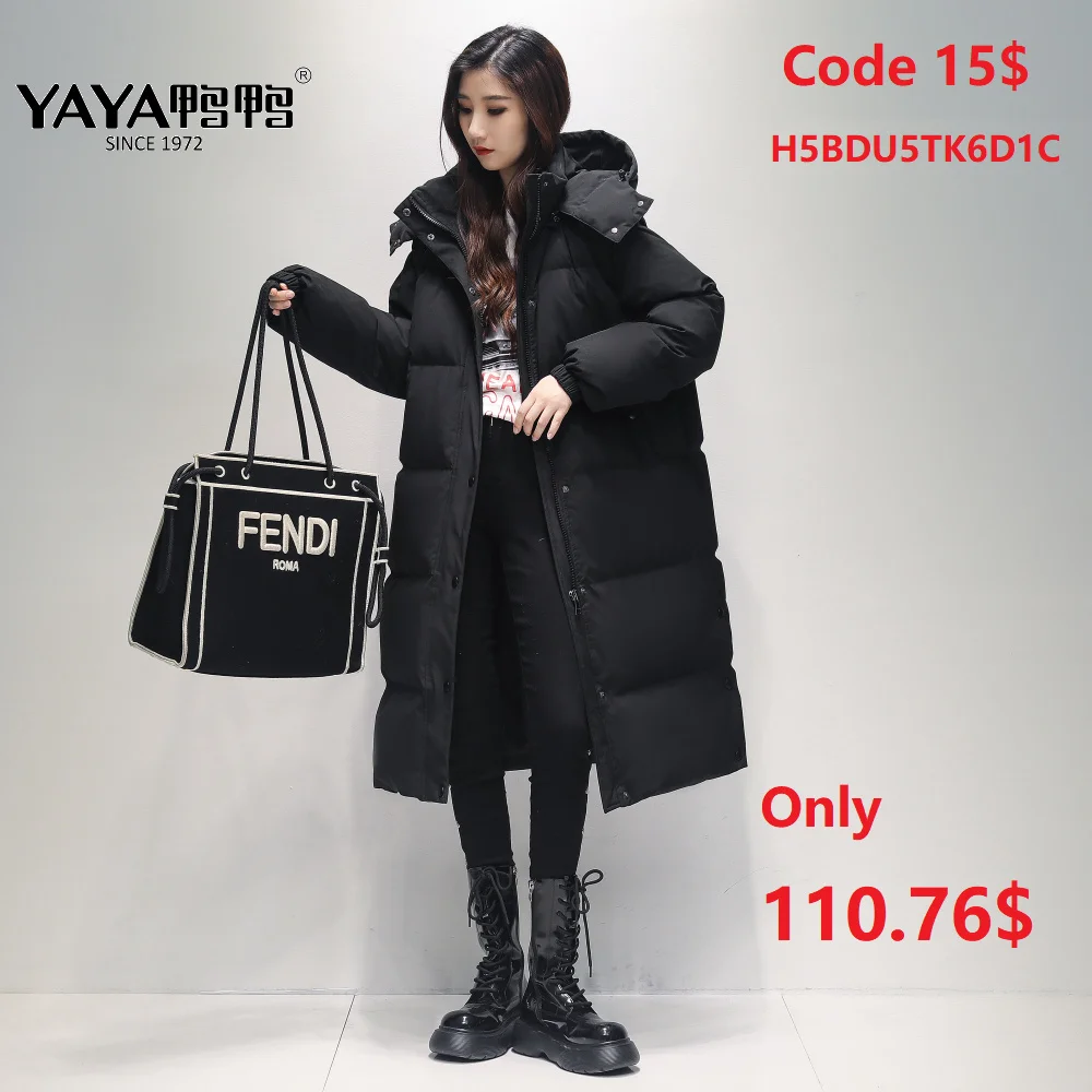 

YAYA 2023 Women's 90% Down Jacket Detachable Hoode Split Hem Thick Fabric Long Winter Overcoat Loose Version Padded Parka