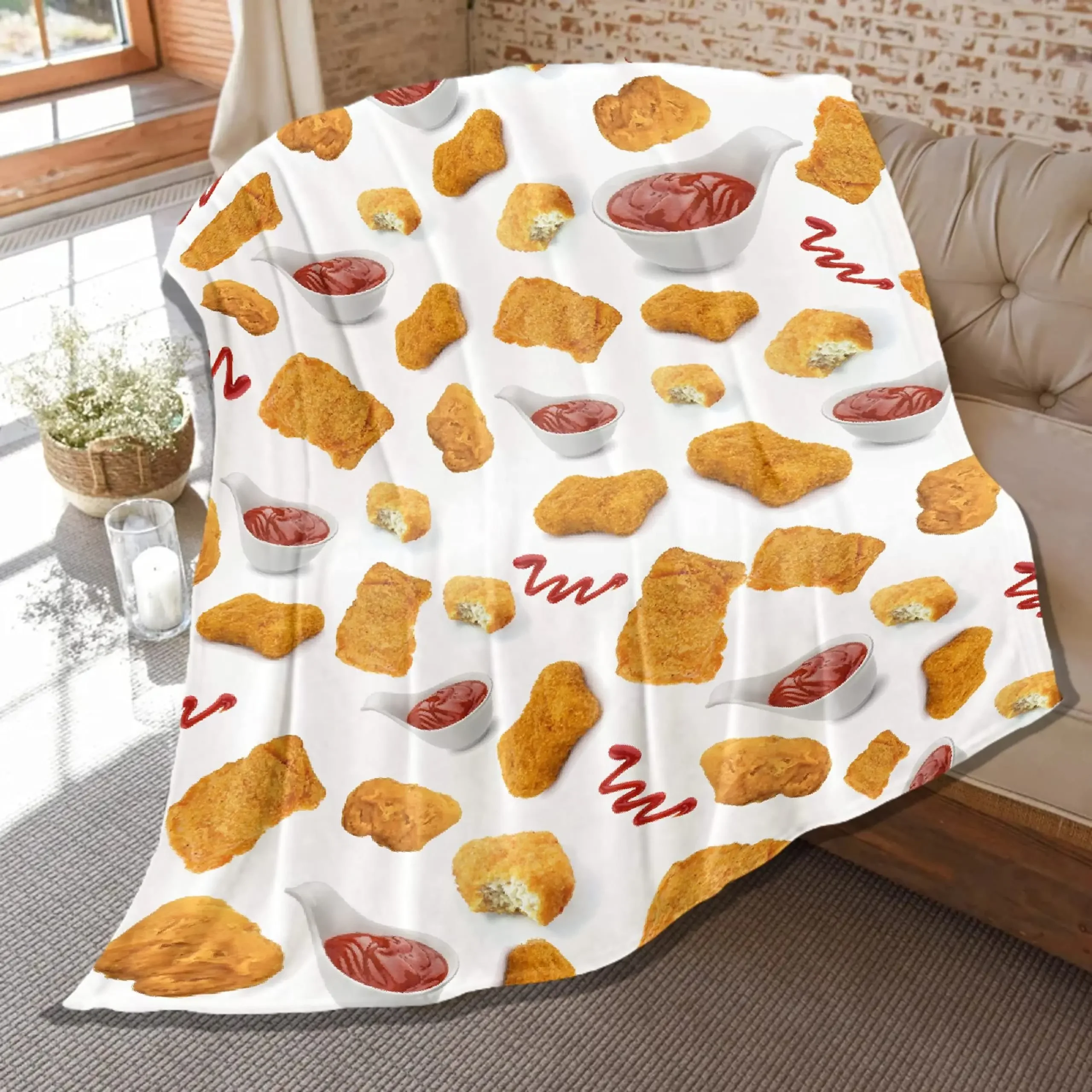 thumbnail image 1 of Manta de franela suave con diseño de nuggets de pollo y deliciosa carne, manta de sofá de comida rápida de estilo occidental para niños, tamaño king y queen, 1 of 5