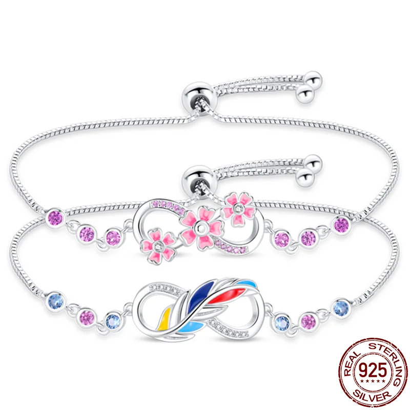 

Fashion 925 Silver Pink Sakura Feather Pendant Bracelets For Women Symphony Zircon Lucky Symbol Bracelet Valentine's Day Jewelry