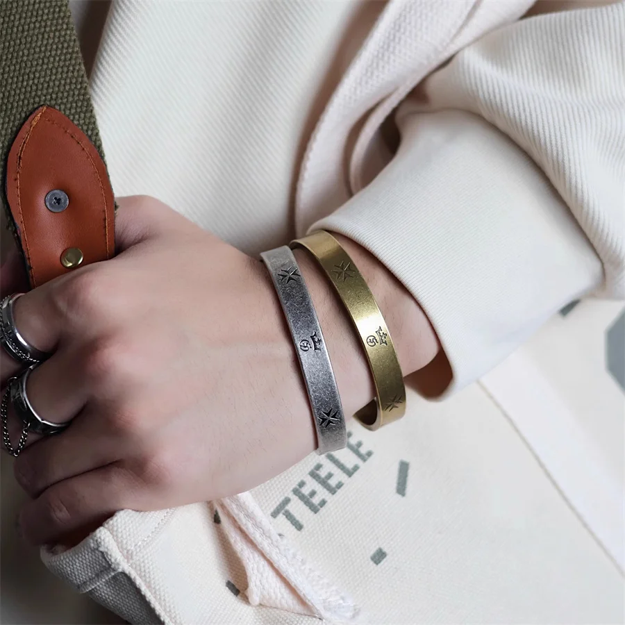 빈티지 수제 와이드 에디션 팔찌, 중국 고대 실버 컬러 티타늄 스틸 솔리드 오픈 쥬얼리 액세서리, 2023SS 신제품 