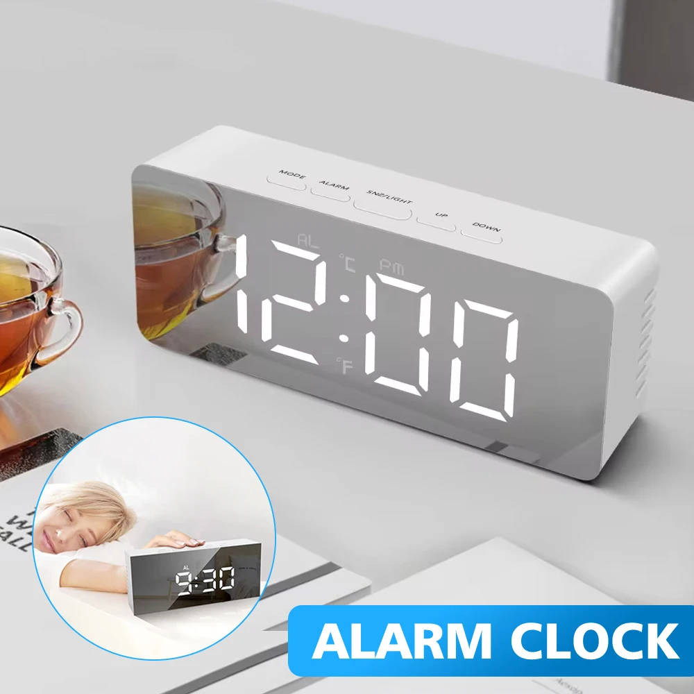 Digital Clock USB Power LED Mirror Table Temperature Display Night Mode Bedroom Bedside Alarm 12/24H