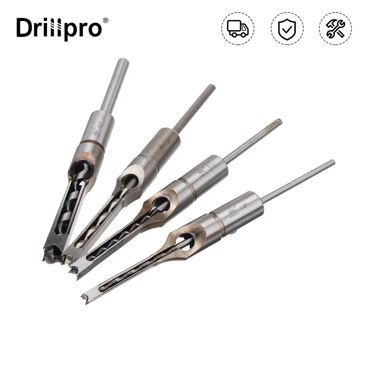 

Drillpro 4pcs Square Hole Drill Bits Woodworking Auger Mortising Chisel Set Kit 1/4 to 1/2 Inch Tool for Mortise Tenon Machine