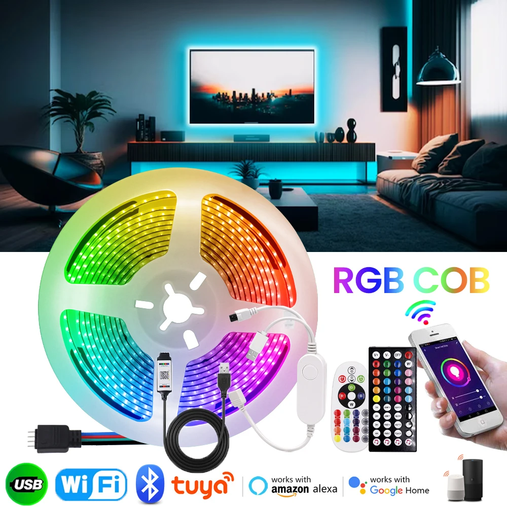 

Светодиодная лента RGB COB, гибкая лампа с диодами для управления телевизором, с поддержкой USB, Bluetooth, Wi-Fi, с управлением через приложение