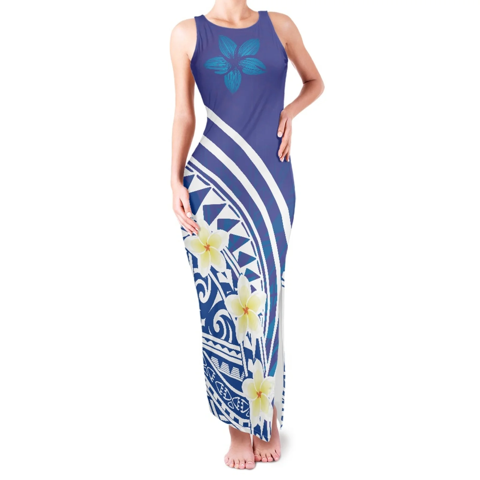 

Polynesian Tribal Fijian Totem Tattoo Fiji Prints Sleeveless O Neck Off Shoulder Perfect Sexy Mermaid Long Dress Floral Pattern