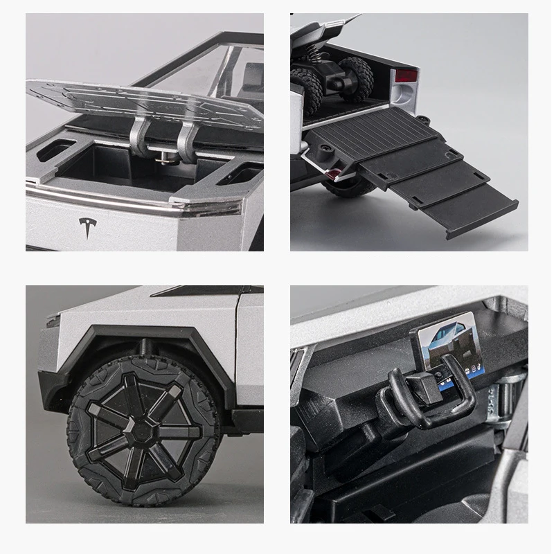 1:24 Tesla Cybertruck Pickup With Motorcycle Alloy Car Model Diecast Toy Vehicle Sound and Light Simitation Cars Model Toys Gift 3