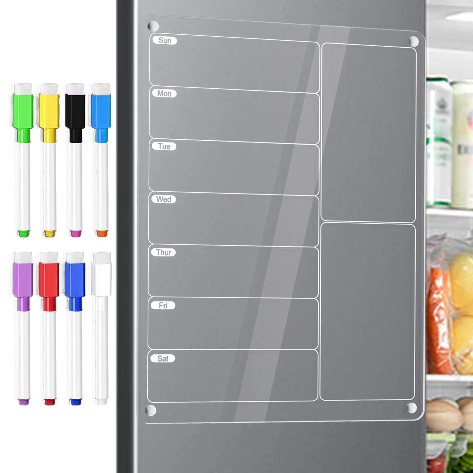 לוח מחיקה יבש מגנטי לרשימת מטלות לוח לבן אקרילי למקרר מגנט ניתן לשימוש מחדש תכנון ארוחות עם 6 צבעים לתפריט שבועי במטבח