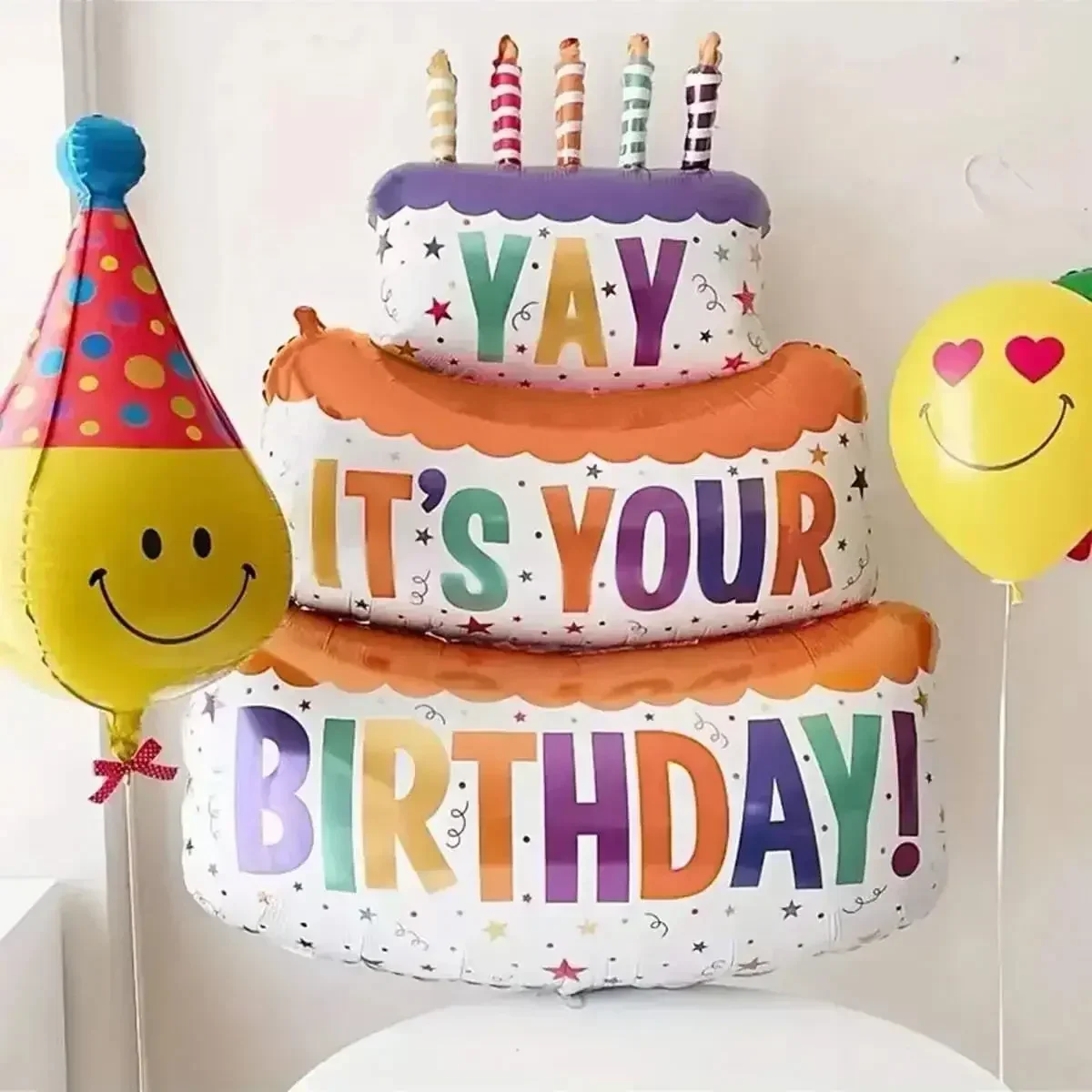 1pc-Birthday Balloons Colorful Candles Three Tier Cake Aluminum Foil Balloons Birthday Party Decoration Supplies