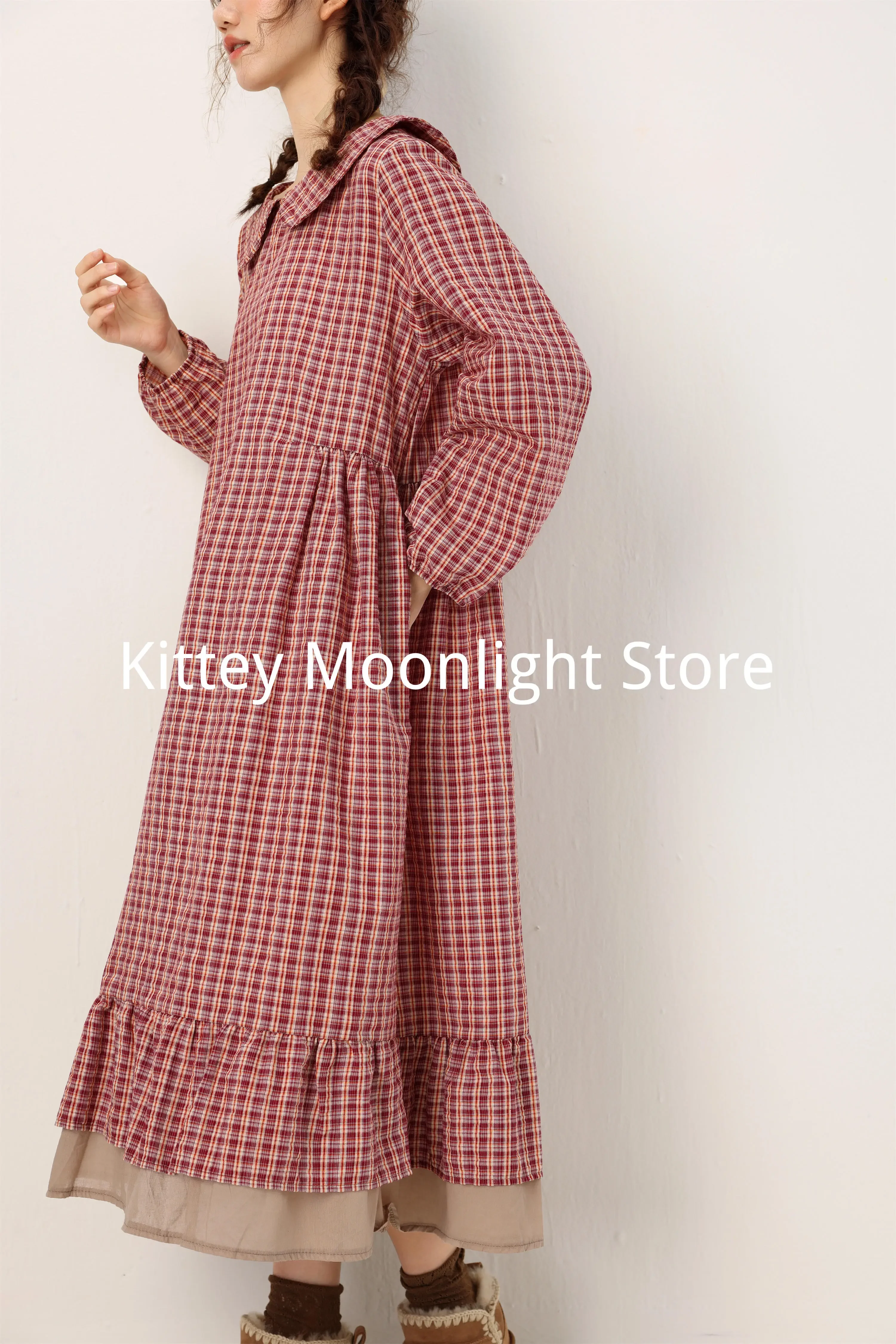 Vintage Plaid Mori Girl Dresses Women Autumn Japanese Sweet