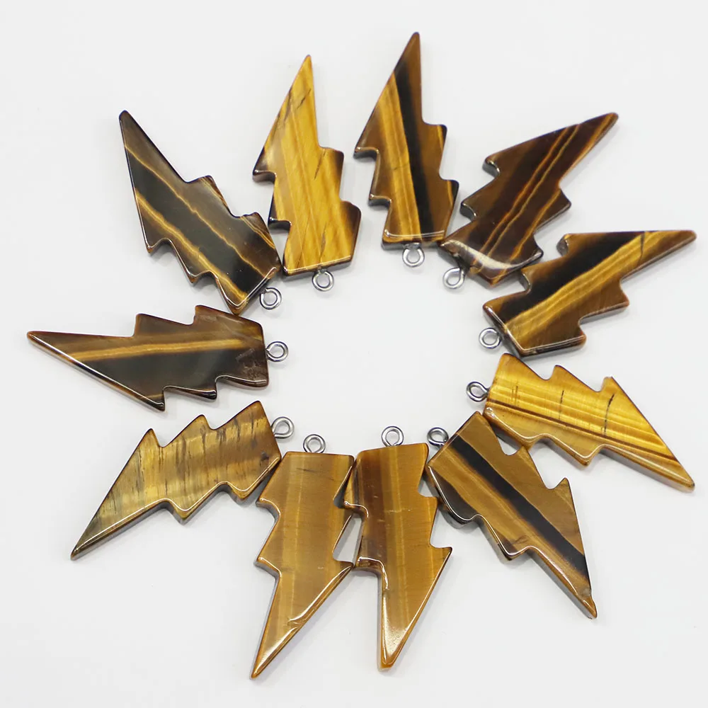 New Hot 42x20MM Natural Tiger Eye Stone Lightning Pendants Charms for Healing Crystals Necklace Jewelry Making 10pcs Wholesale
