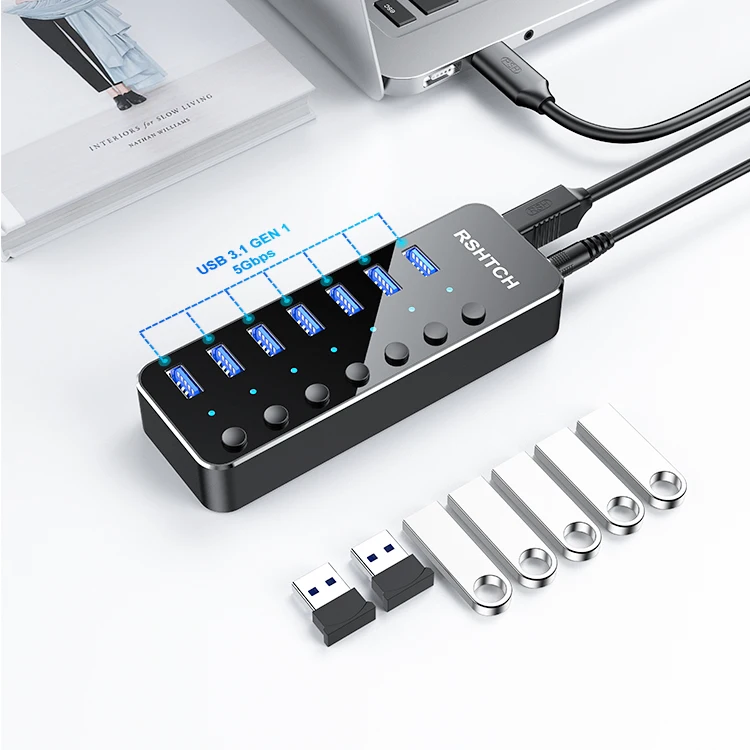 RSHTECH USB 3.0 Hub 7 Port Expander 5Gbps Data Transfer USB Splitter with Individual On/Off Switches and 5V/2A Power Adapter 3