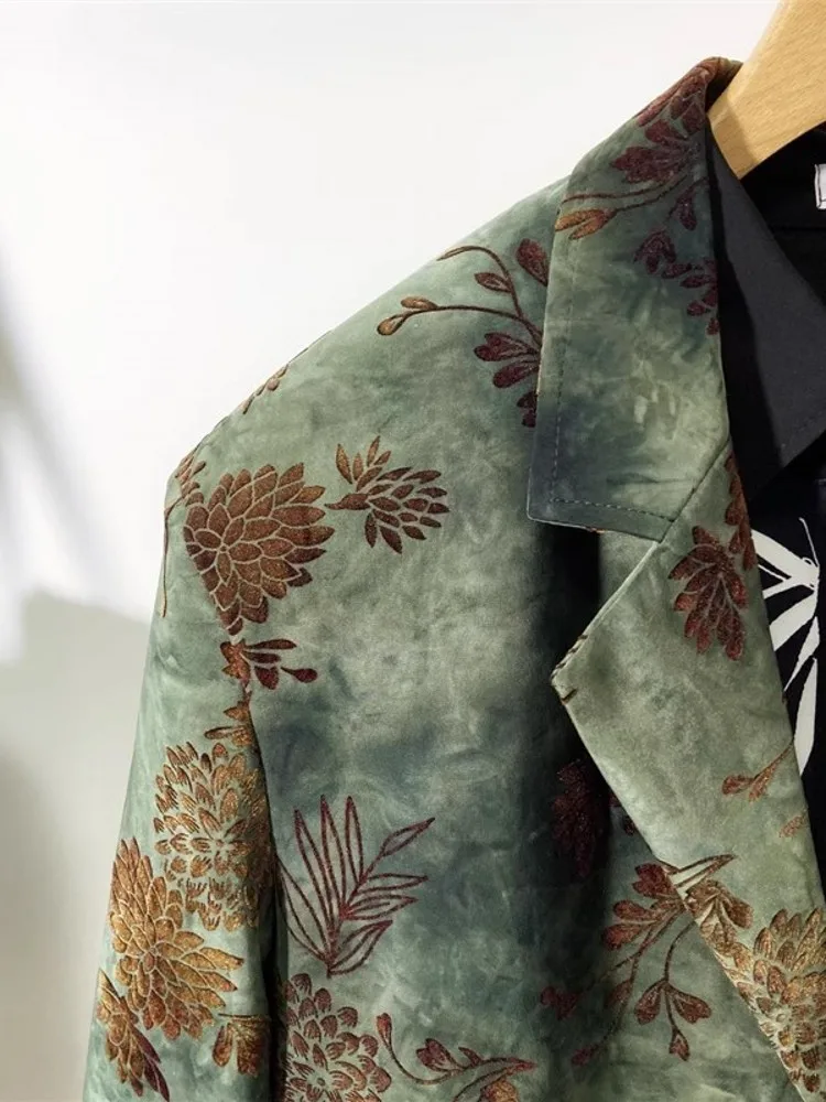 Vintage Men Floral Printed Velvet Blazer Jacket Single Breasted