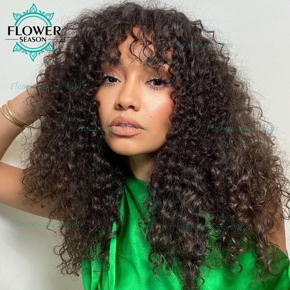 

Curly Human Hair Wig with bangs 200Density Long Curly Wigs for Black Women Full Machine Made Scalp Top Wig Natural Color