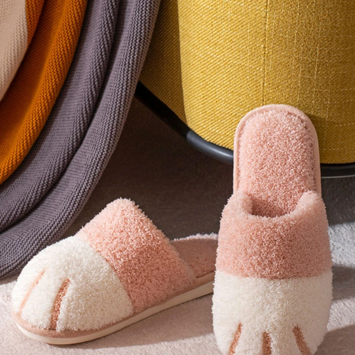 BEVERGREEN Winter Cute Cat Paw Designer House Women Fur Slippers Floor Mute Bedroom Lovers Warm Plush