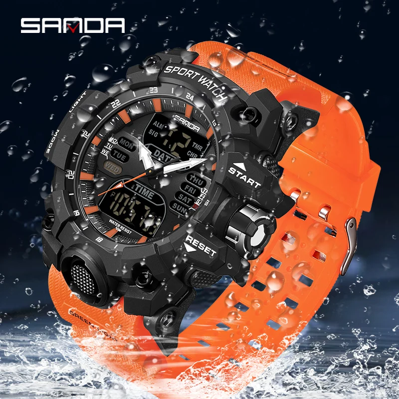 SANDA Dual Display Men Watches Waterproof Sports Watch Military Man Alarm Stopwatch Quartz Wristwatch Male LED Digital Clock6126 2