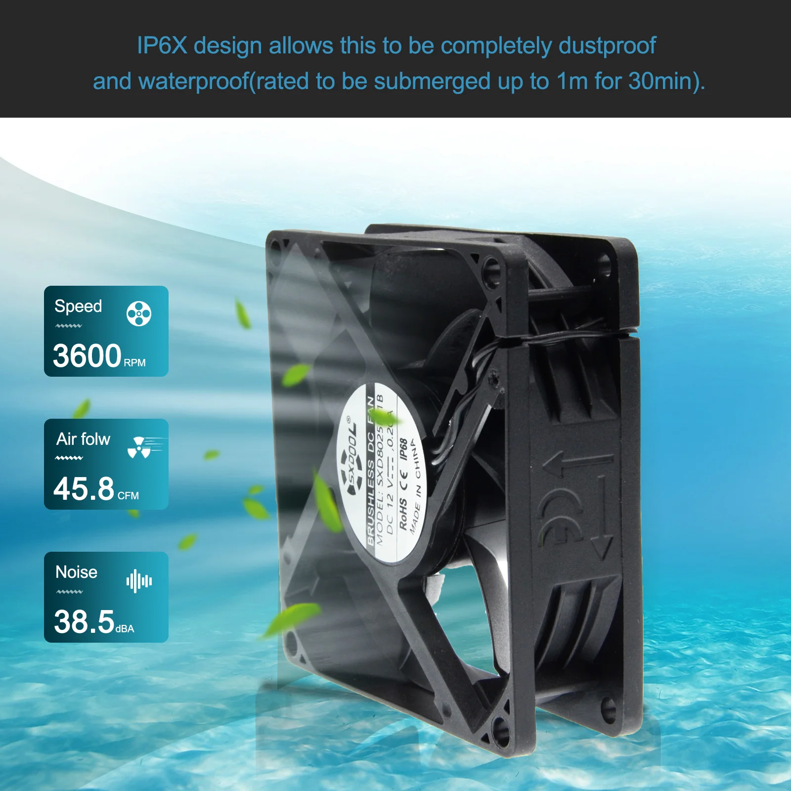 SXDOOL 80mm DC 12V Waterproof IP68 Cooling Fan,80X80X25mm High