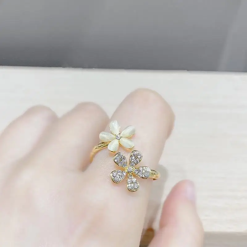 Korean Version Cat Eye Stone Flower Rhinestone Ring Adjustable Daisy Flower Opening Ring Women's Fashion Rhinestone Jewelry Ring