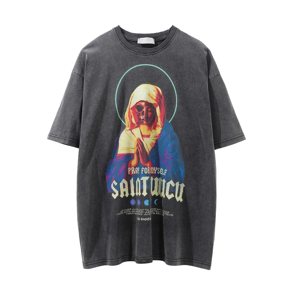 

2022 Men Washed Skull Devil Print Tee Hip Hop Streetwear T-Shirt Harajuku Cotton Short Sleeve Summer Tops Black Free Shipping