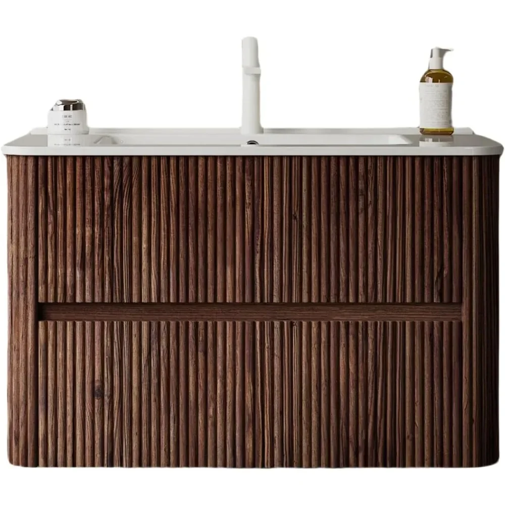 30" floating bathrobe with washbasin, 2 wall-mounted drawers, Vintage wooden striped bathtub