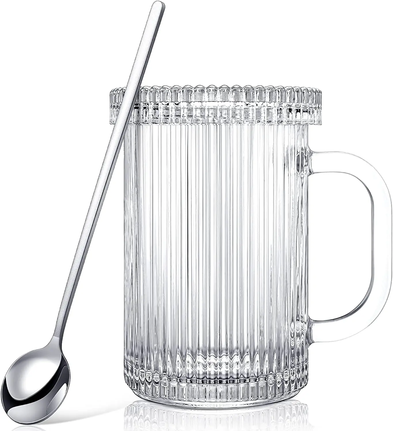Clear Glass Mug with Lid and Spoon Vertical Stripes Tea Mugs Ribbed