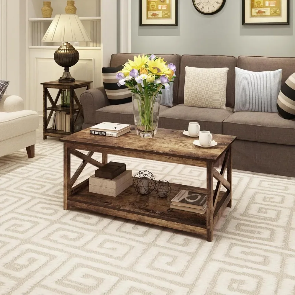 Coffee Table, Modern Farmhouse Wood Coffee Table with 2-Tier Storage, 40 Inch, 2