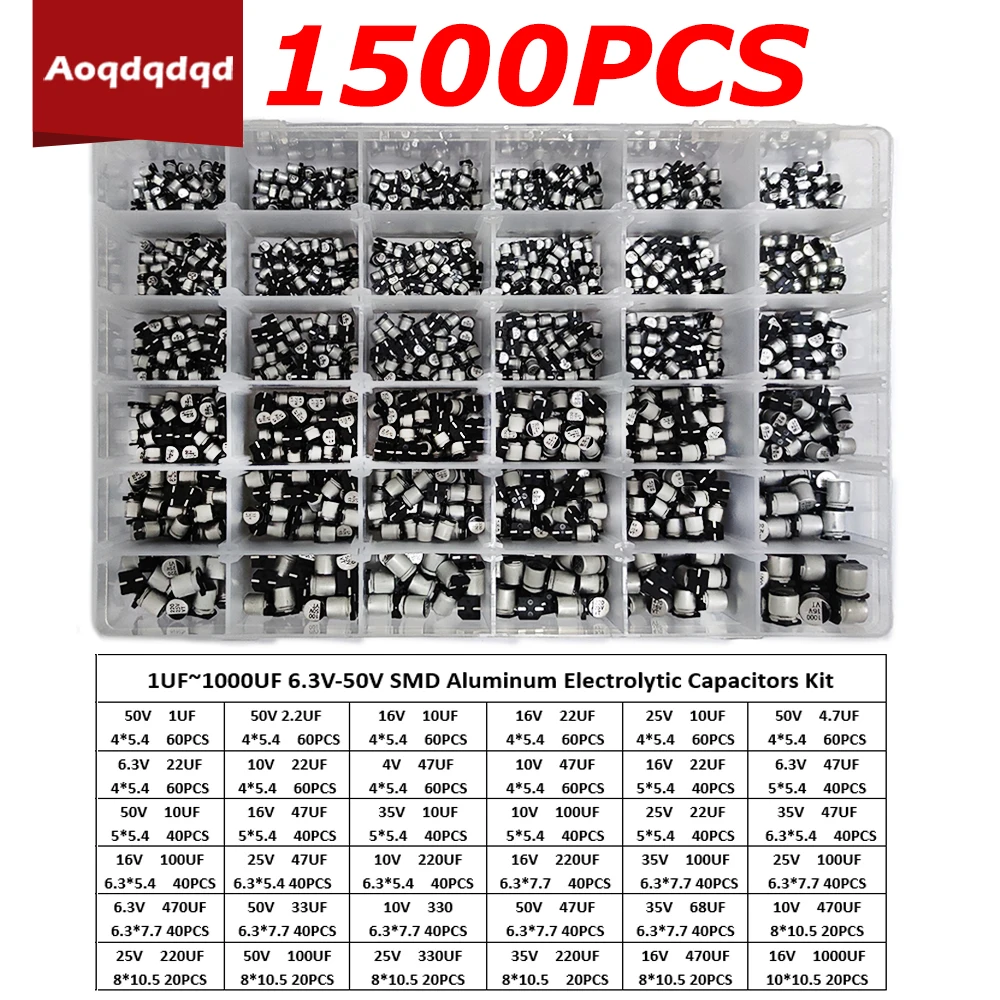 

1500PCS 1UF~1000UF 6.3V-50V 36 Value SMD Aluminum Electrolytic Capacitors Assortment Kit with Box for Electronics PCB Circuit Bo