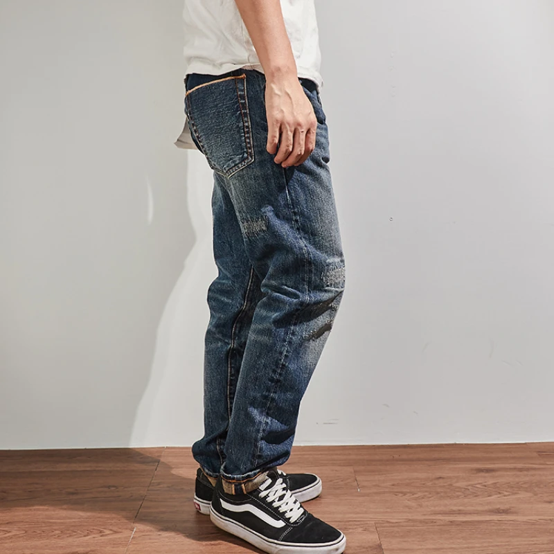 Autumn men's new retro red-eared denim high-end slim straight jeans heavy thick patch trousers