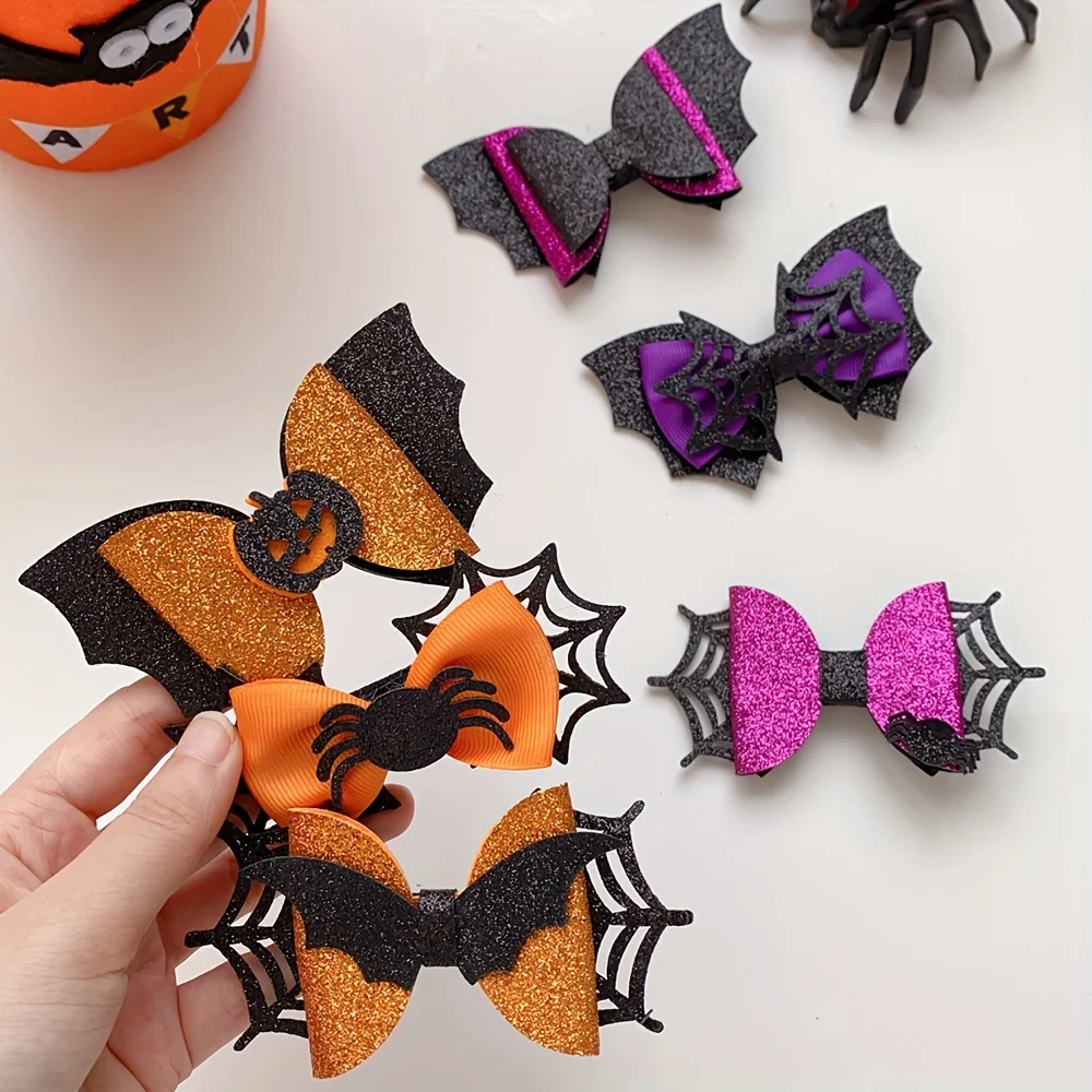 6 Pieces Halloween Elements Colorfulful Bow Pumpkin Hairpins Suitable for Girls