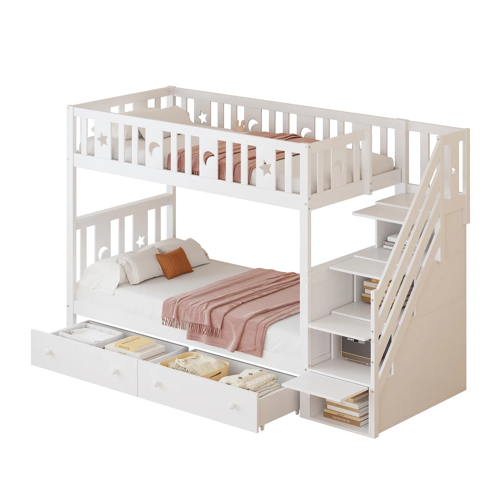 Kinderbett 90*200cm, Etagenbett aus Massivholz mit Sicherheitstreppe, Stauraumtreppe, zwei große Schubladen und Gitter, Weiß – Detail 6
