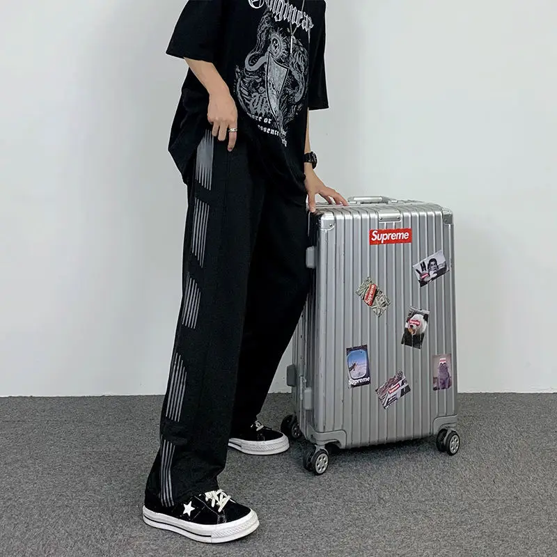 Preppy Style Student Loose Side Striped Printed High Street Wide Leg Sports Pants Men Elastic Waist Pockets Straight Trousers