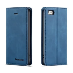 Forwenw Magnetic Flip Wallet Phone Case - Suede Leather, Full Protection, Slim Design with Card Slot Holder - iPhone SE (Blue)