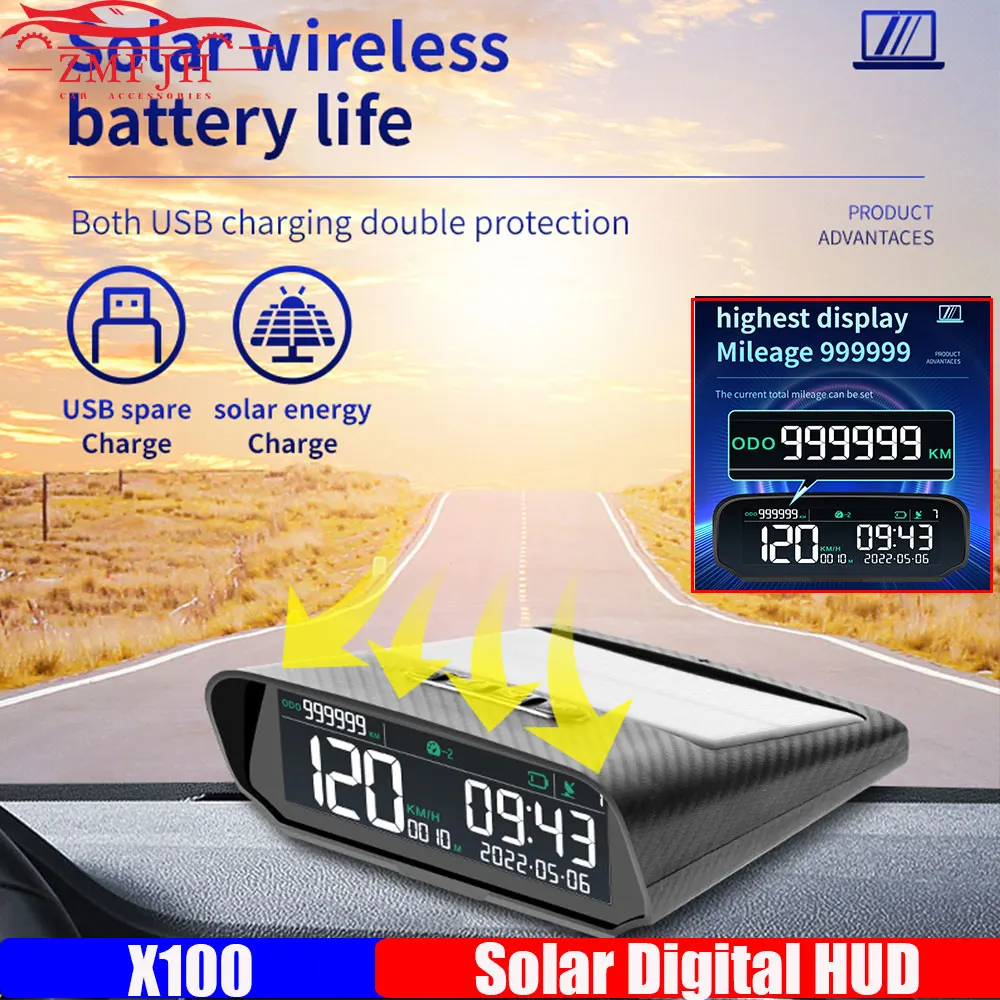 

X100 Solar Car HUD GPS Head-up Display LCD Display Windscreen Projector Digital Speedometer Odometer Altitude Overspeed Alarm