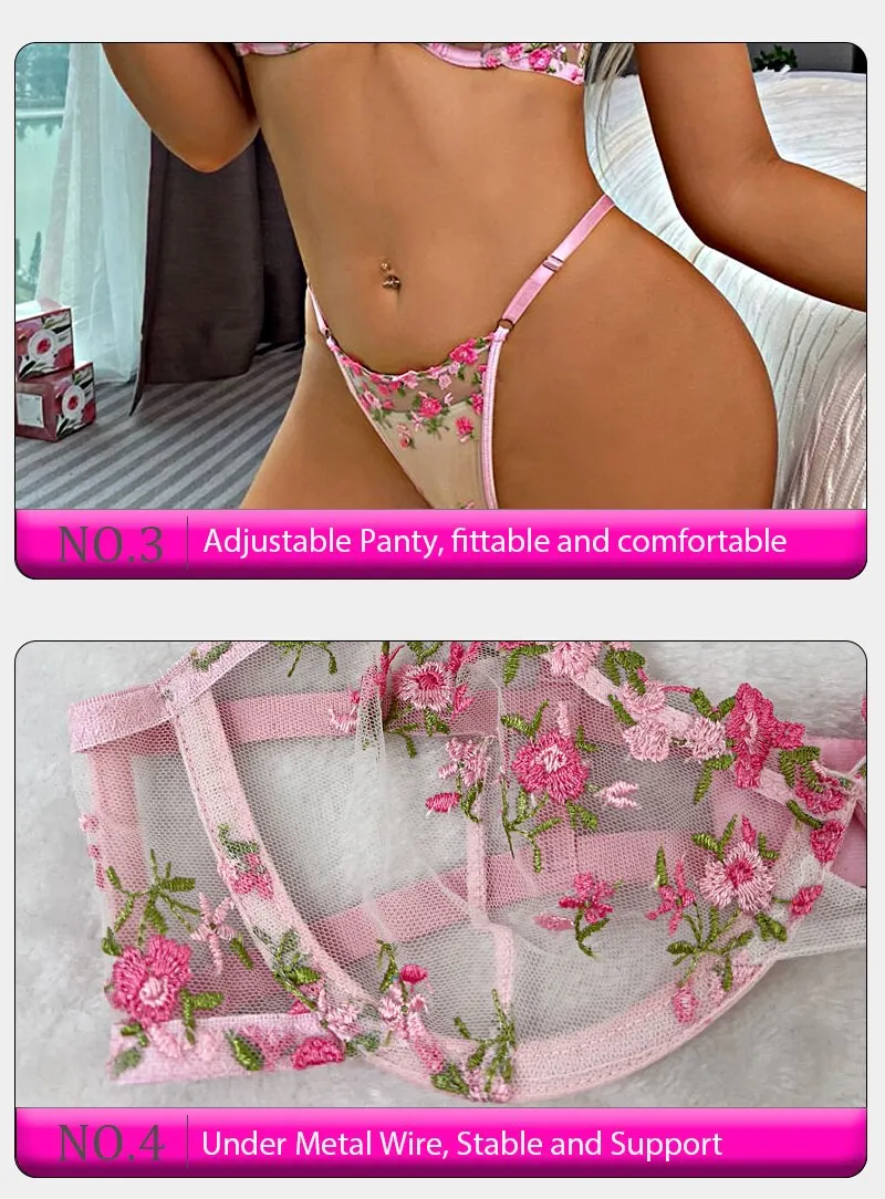 Ensemble sous-vêtements, 2 pièces soutien-gorge et culotte en dentelle femmes broderie florale rose transparent