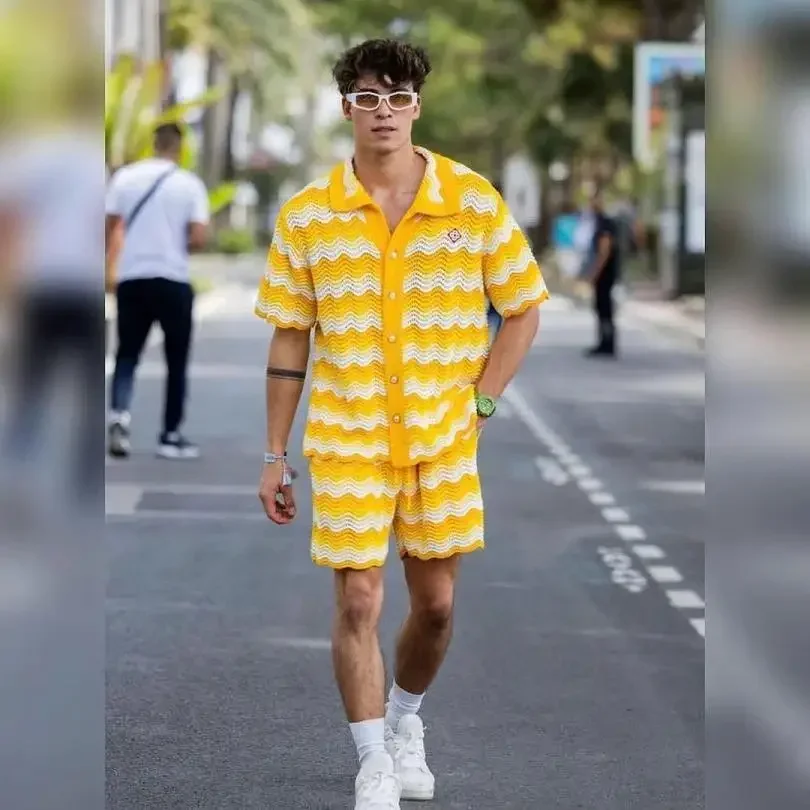 

Yellow Gradient Knit Casablanca Jacquard Shirts for Men Women Top Version Casual Tee High Street