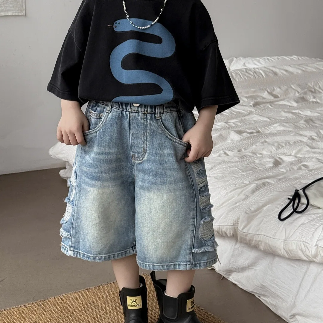 Children Clothes Boys American Vintage Style Ripped Denim Shorts Boys Summer Thin Loose Fashion Simple Casual Kids Pants