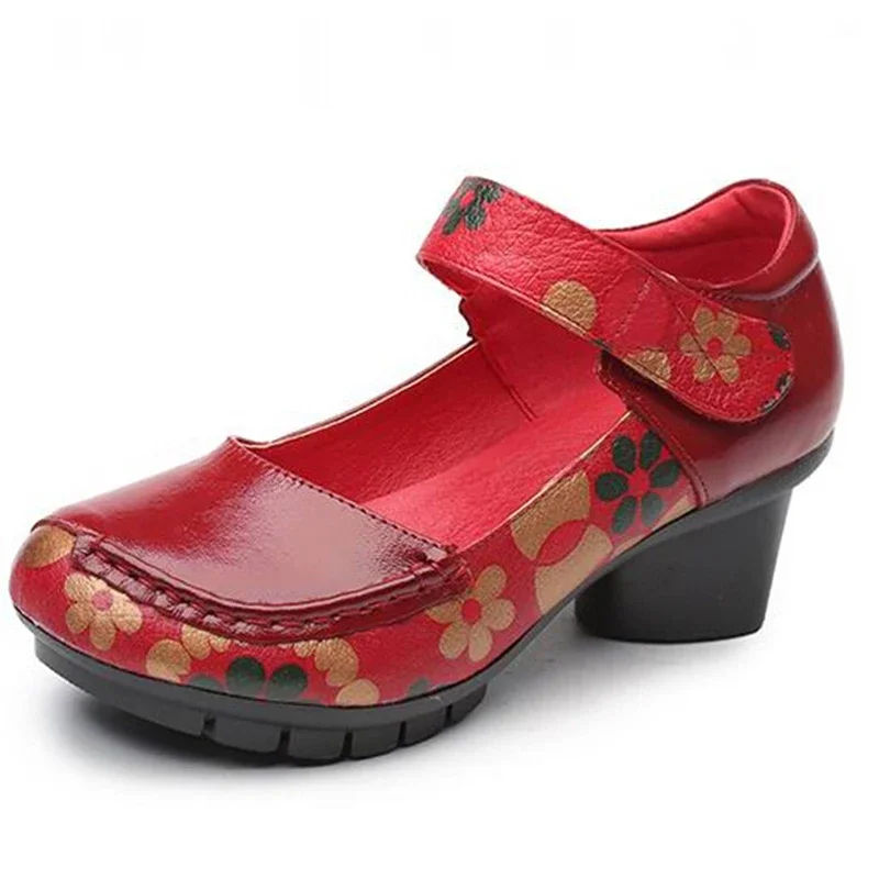 TIMETANG Soft Med Heels Vintage Style Genuine Leather Shoes Personality Casual Women's Pumps Summer Cowhide Retro Floral Handmad 5