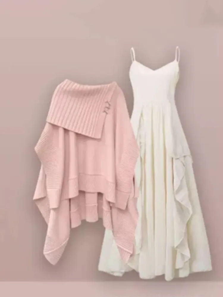 2024 Winter Set Women's Korean Edition Loose and Lazy Design Cape Sweater+suspender Dress Two Piece Set