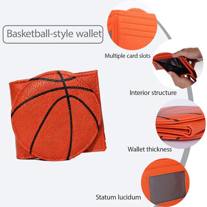 RFID Barrier Leather Men's Basketball, Football, Burger Wallet, PU Leather Double Fold Card Clip, Zippered Coin Pocket