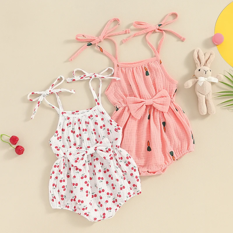 

Baby Girl Summer Rompers Newborn Clothes Muslin Cotton Linen Sleeveless Cherry/Carrot Print Bowknot Bodysuits Jumpsuits Clothing
