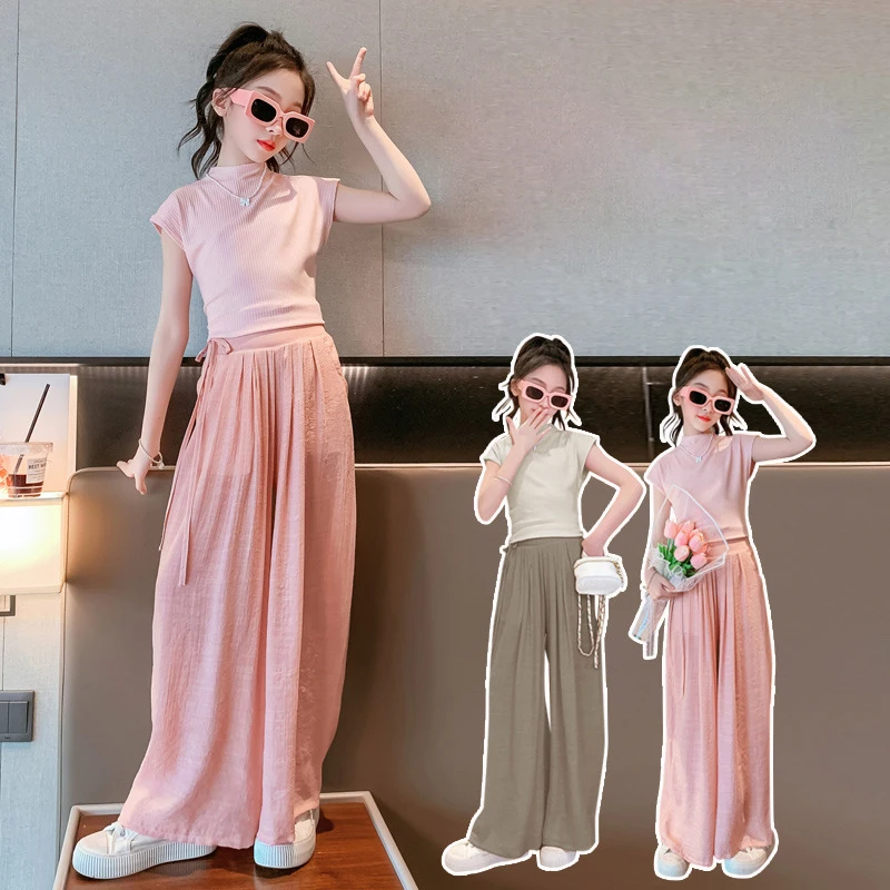 Summer Teen Girls Clothing Sets Fashion Slim Tops Wide Leg Pants