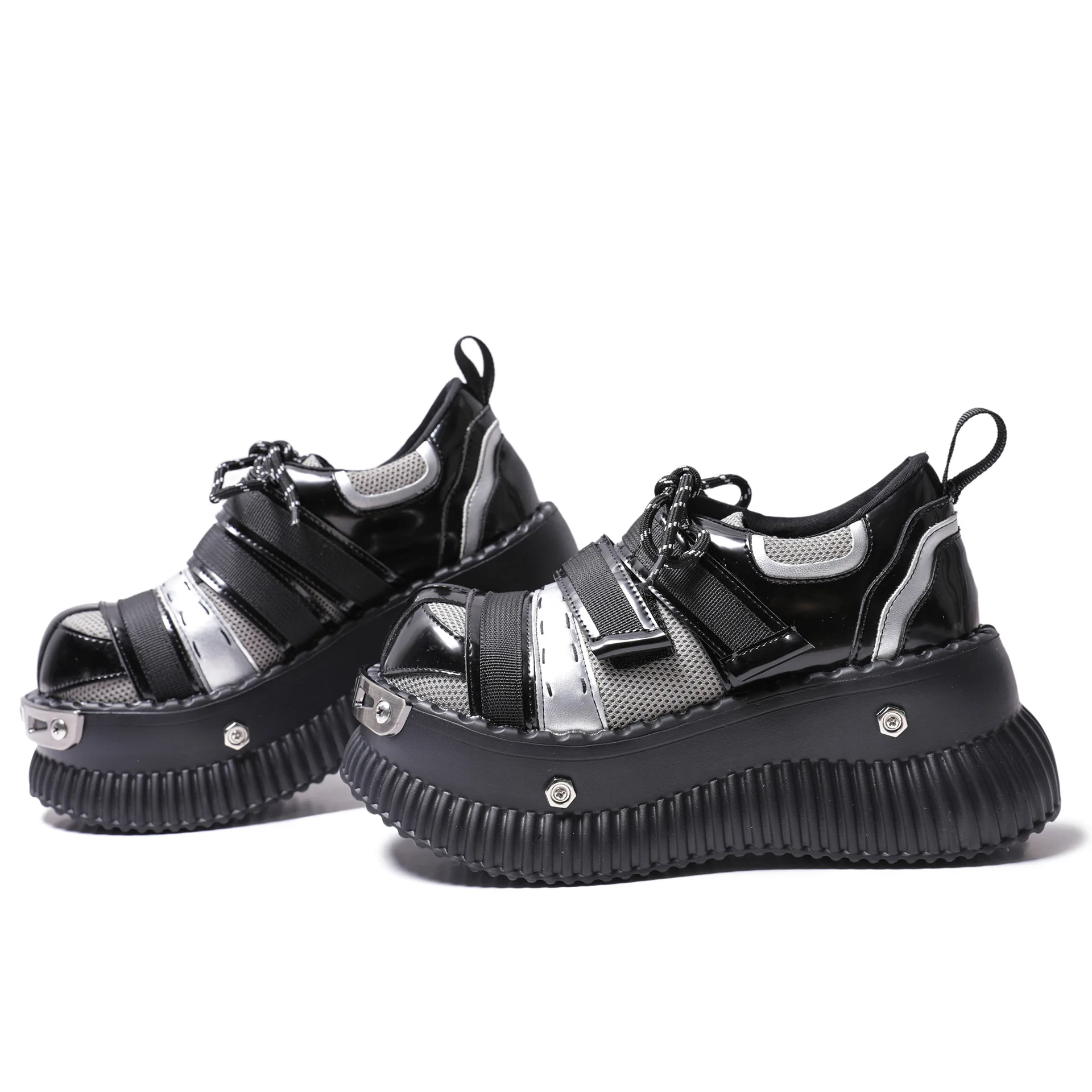 Black Punk Style Metal Decorate Height Increas Ankle Boots Glossy Thick Sole All-Match Casual Shoes Round Toe 7CM Heel Boots 4