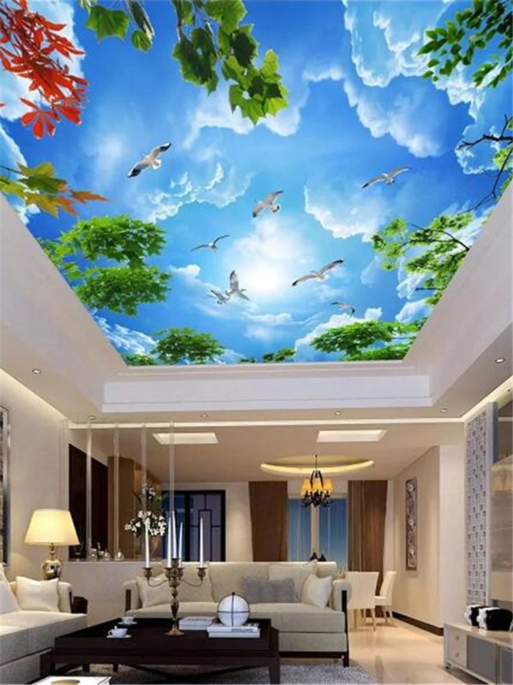 

beibehang Customized large wallpaper murals 3d beautiful blue sky and white clouds branches living room ceiling zenith 3d murals