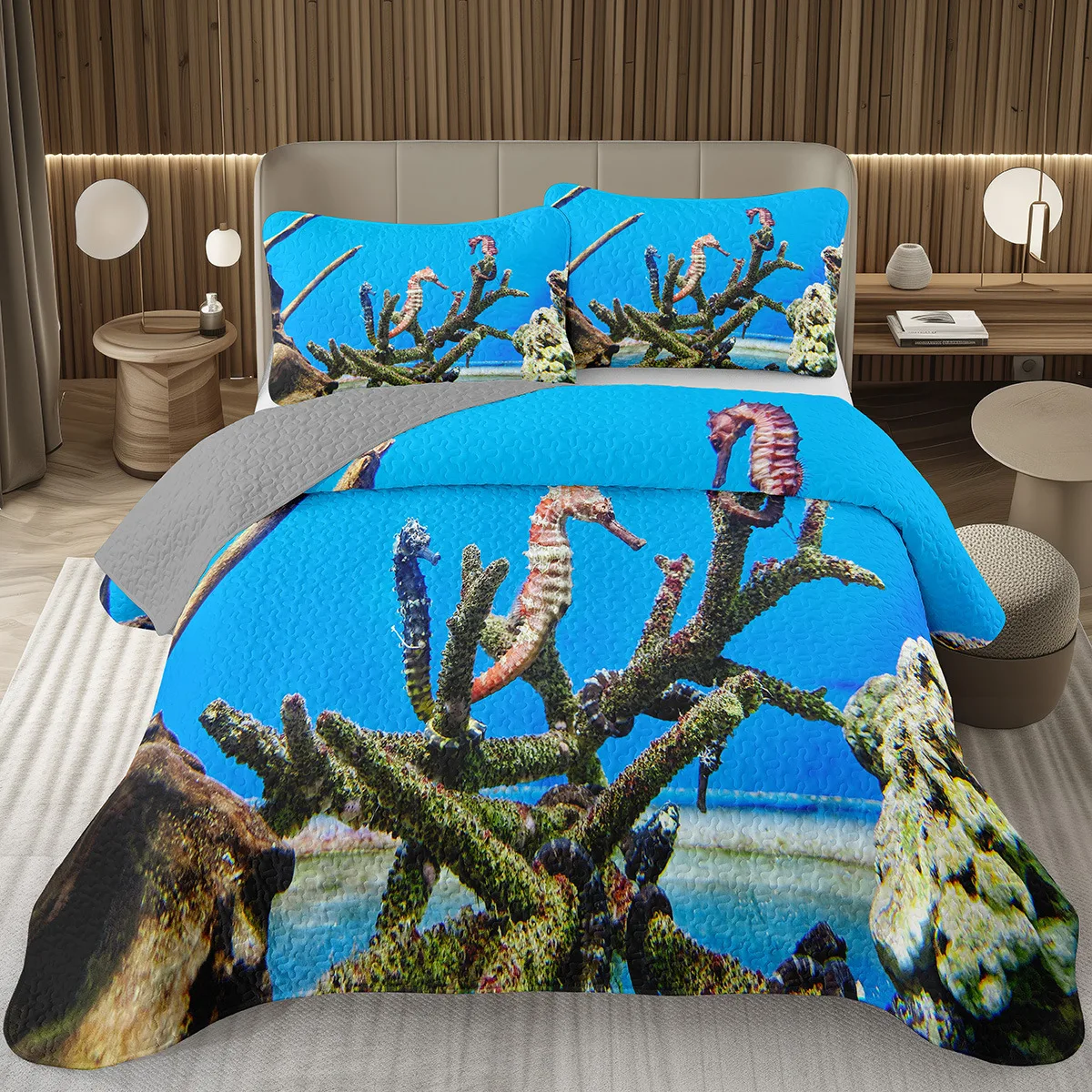 Seahorse Bedspread 퀸 사이즈 3D 해마 인쇄 침구 세트 바다 동물 퀼트 침대보 해양 지중해 스타일 침대 커버