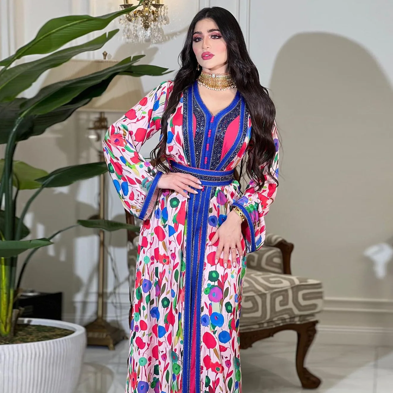 

2 Piece Kaftan Abaya Set Muslim Saudi Abaya Arab Print Wedding Caftan Dresses for Women Dubai Evening Dress Modest Islam Outfit