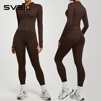 Home 12 SVEIC Yoga Coat Sports Top Long Sleeve Jacket Fitness Breathable Women's Tracksuit High Waist Leggings Two Piece Set Gym Clothes