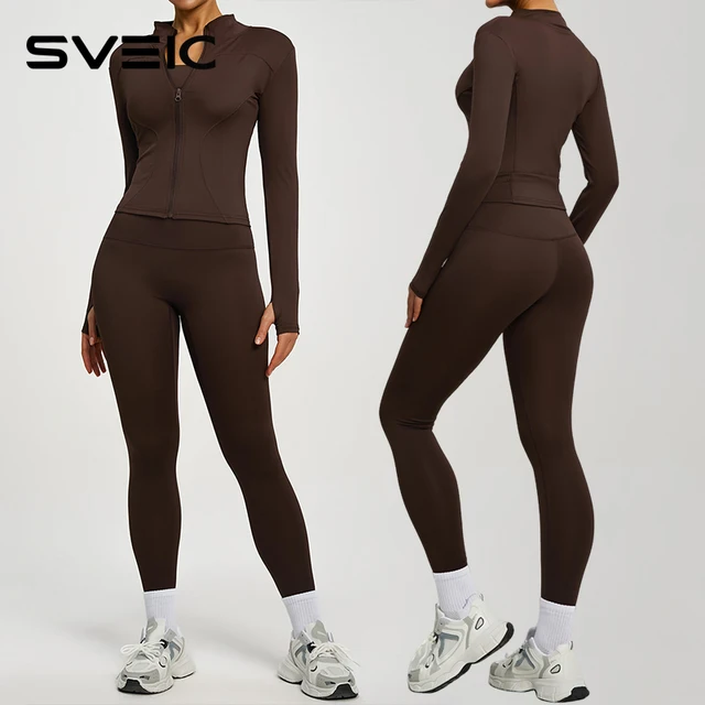 SVEIC Women's Two Piece Tracksuit Yoga Set Long Sleeve Jacket High Waisted Leggings Breathable Gym Clothes For Women Sportswear