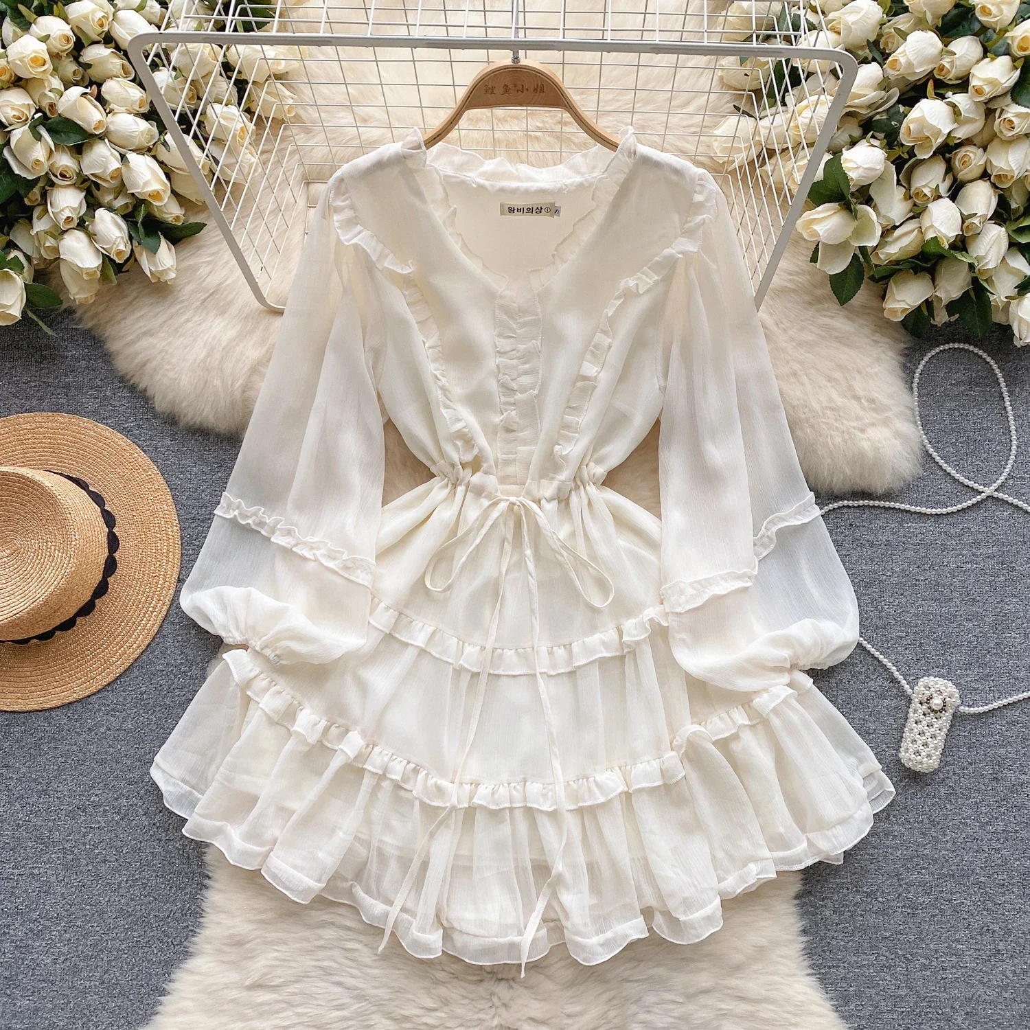 Autumn Elegant Short White Dress for Women Layered Mesh Full Sleeve Lace Up  Ruffle Hem Vestidos Female Chic Boho Beach Vacation - AliExpress 200000345