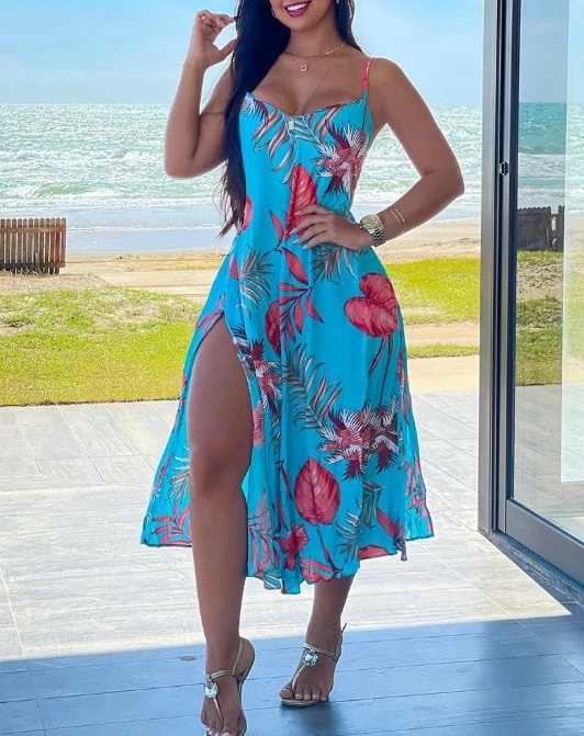 Women's suspender slit dress 2024 summer dress casual simple U-neck sleeveless Halter printed slit party dress