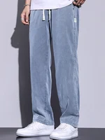 Men's Summer Soft Thin Baggy Straight Wide Leg Pants Youth Popular Drawstring Elastic Waist Korea Loose Lyocell Fabric Trousers